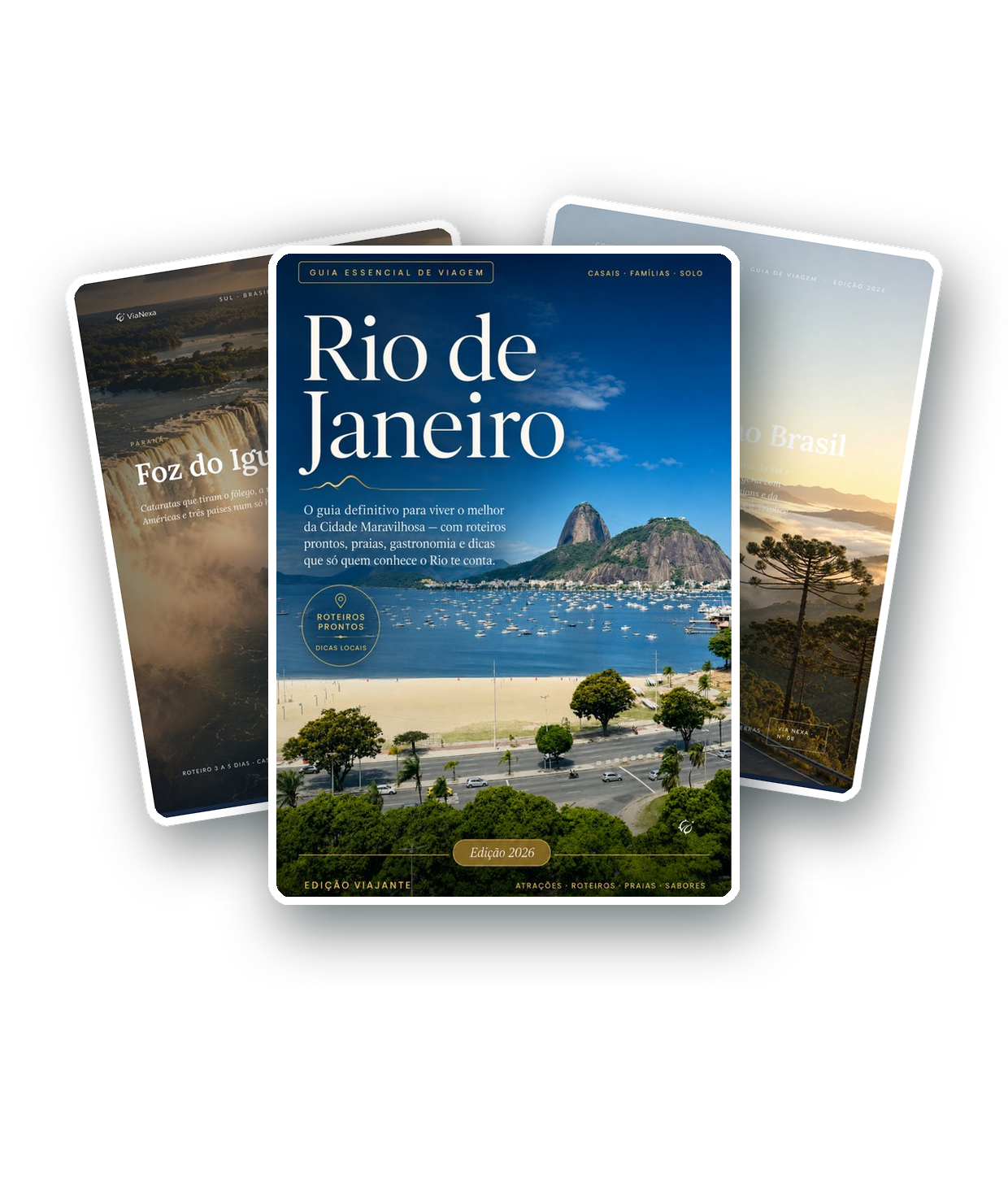 Capas dos guias Via Nexa: Rio de Janeiro, Foz do Iguaçu e Motorhome no Brasil